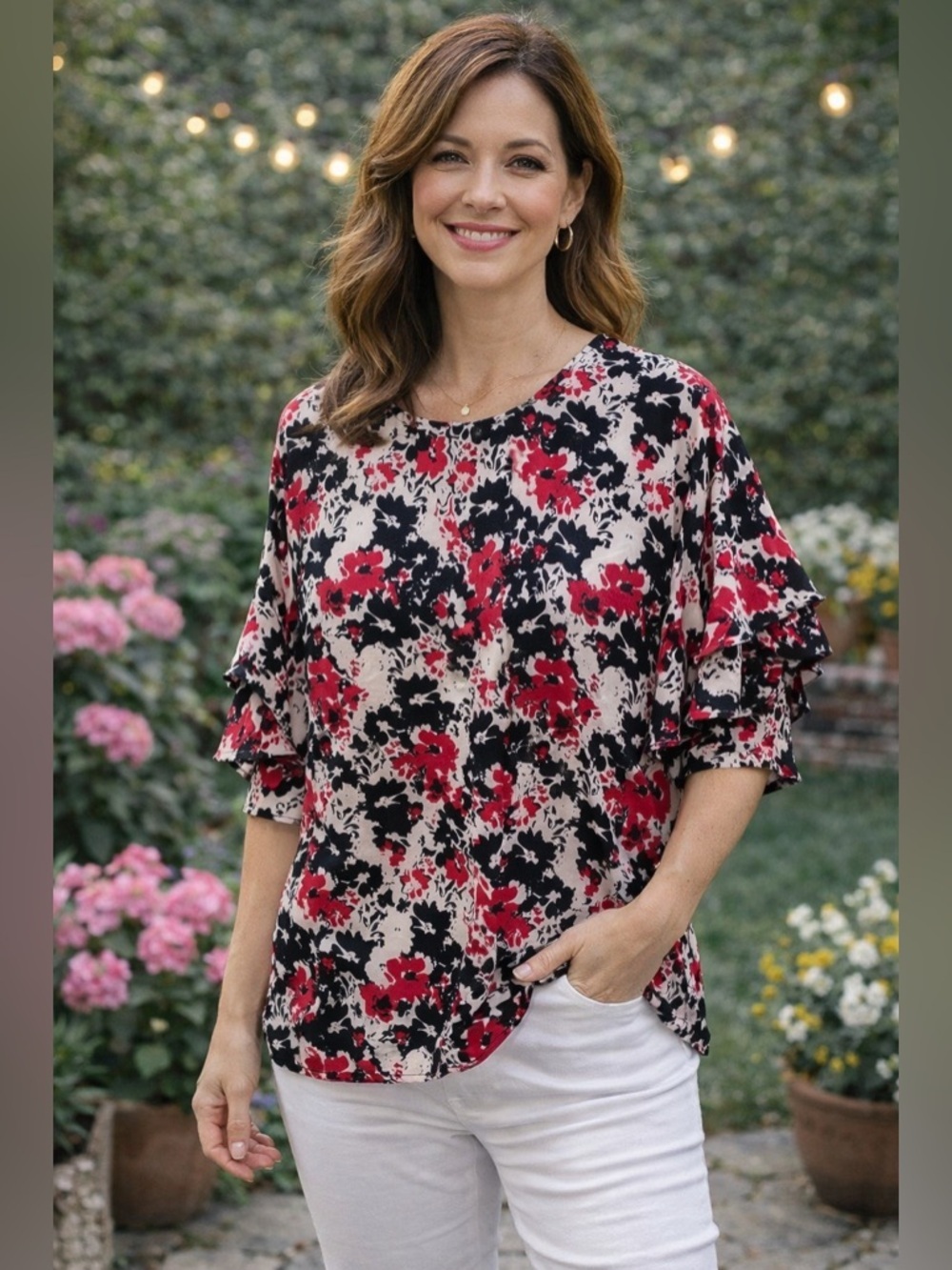 Rose & Olive Floral Blouse Large Flowing Ruffle Sleeve Garden Party Top